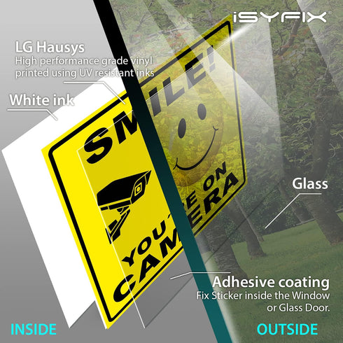iSYFIX Smile You're On Camera Stickers for Home - 4 Pack 7x6 Inch - Decals for Inside the Window or Glass, UV, Weather, Scratch, Fade Resistance, ...