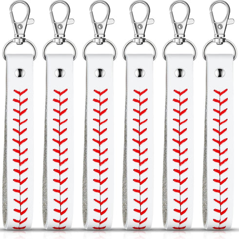 Inbagi 6 Pcs Leather Baseball Keychains for Boys White Seamed Keychain Sports Softball Keychains Baseball Gifts for Boys Wristlet Strap Keychain f...