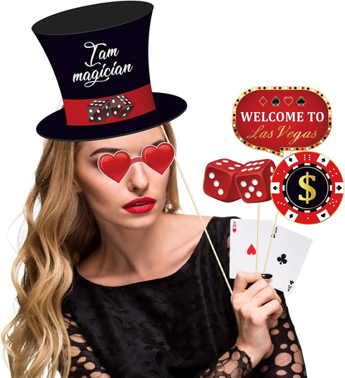 25Pcs Casino Photo Booth Props with Stick, Las Vegas Theme Selfie Props, Poker Night Birthday Party Supplies, Gambling Blackjack Photography Backd...