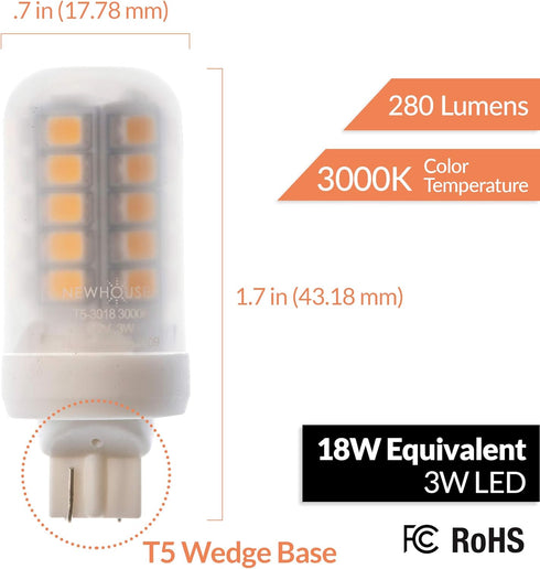 Newhouse Lighting T5 LED Bulb Halogen Replacement Lights, 3W (18W Equivalent), Wedge Base, 280 lm, 12V, 3000K, Non-Dimmable...