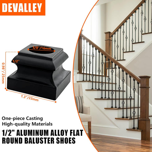 Iron Balusters Flat Shoes - Aluminum Alloy Staircases Shoes for 5/8 Inch Square Interior Balusters,Wrought Iron Spindle Shoes with Screws,Satin Bl...