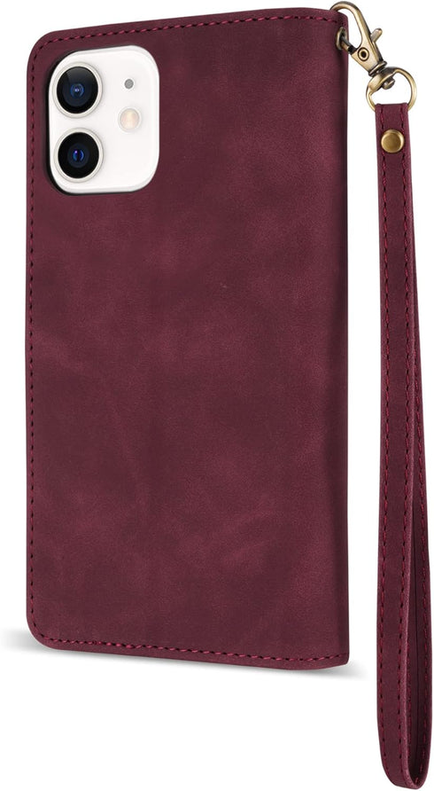 ZZXX for iPhone 12 Pro Wallet Case with Card Slot Premium Soft PU Leather Zipper Folio with Wrist Strap Kickstand Protective for iPhone 12 (Wine R...