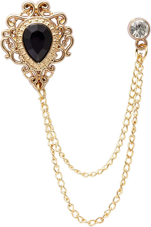 AN KINGPiiN Men's Stone Detailing with Engraving Metal Crystal Chain Brooch (Gold-Black)...
