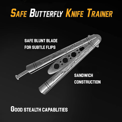 Finger Flip Trainer with Dull Blade, Full Stainless Steel Black Dragon Pattern Unsharpened 100% Safe for CSGO Training (Silver)...