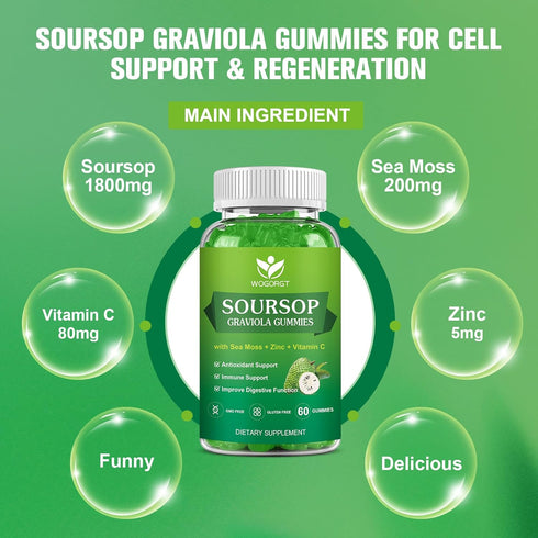 Soursop Graviola Gummies - 1800mg Soursop Leaves Extract Gummies with 200mg Sea Moss Extract for Antioxidant, Cell Support & Regeneration, Immune ...
