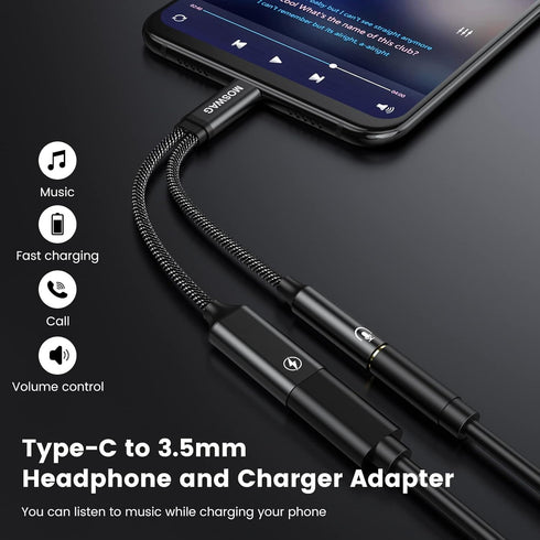 MOSWAG USB C to 3.5mm Headphone and Charger Adapter, 2-in-1 USB C to Aux Audio Jack Hi-Res DAC and Fast Charging Dongle Cable Compatible with Pixe...
