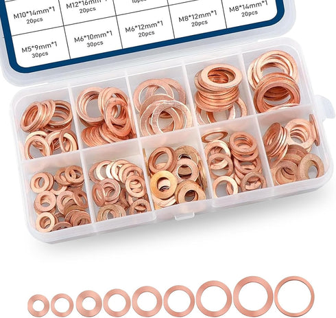 Pack-200 Automobile Copper Flat Gasket Assortment Combination Set, Engine Oil Pan Sealing Gasket, M5 M6 M8 M10 M12 M14 Multi-Specification Metric ...