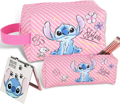 Stitch Stuff Travel Cosmetic Bag + Double Sided Cosmetic Mirror + a makeup brush bag, Large Capacity PU Travel Toilet Bag Makeup Accessories Organ...