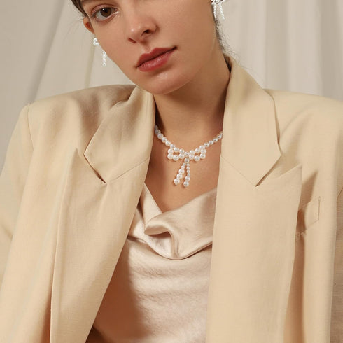 3PCS Silver Pearl Bow Necklace Bow Stud Earrings Jewelry Set for Women,Cute Bowknot Pearl Choker Necklace Stud Drop Earrings Bow Bracelet Set Gift...