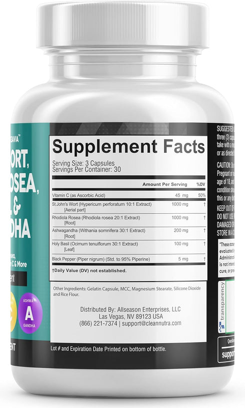 Clean Nutraceuticals St Johns Wort 10000mg Rhodiola Rosea 20000mg Holy Basil 3000mg Ashwagandha 6000mg - Mood Support for Women and Men with Vitam...
