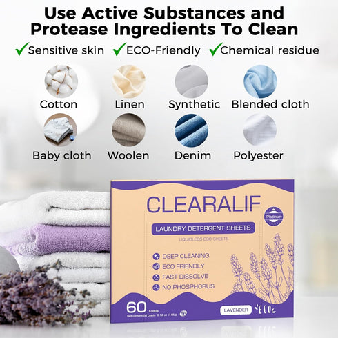 CLEARALIF Laundry Detergent Sheets, Up to 60 Loads, Fresh Lavender, liquidless, Eco-Friendly, Zero Waste, Save Space, Travel Laundry Strips for HE...