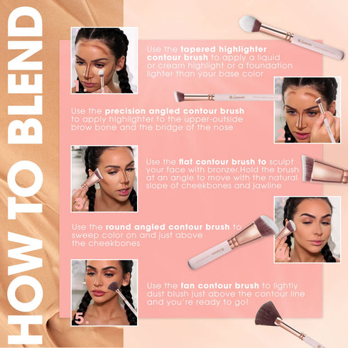 Pro Face Contour Brush Set - Synthetic Contouring Sculpting and Highlighting Kit - Cream Blush Powder Flat Nose Cheek Round Small Angled Fan Taper...