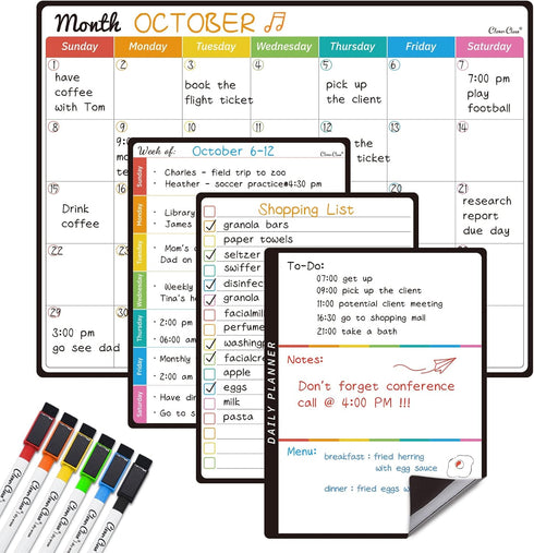 CLEVER CLEAN Magnetic Dry Erase Monthly Calendar Set - 14.5"x11" Monthly Calendar, 6.5"x8.5" Weekly, Daily, List Boards for Fridge - 6 Extra Fine ...