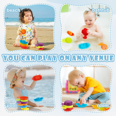 Bath Toys Floating Boats with Bathing Spoon, 11 Pack Water Table Bathtub Bath Toy, Water Toys for toddlers 1-3, Baby Pool Toys, Stackable Toys for...