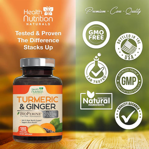 Turmeric Curcumin with BioPerine & Ginger 95% Curcuminoids 2600mg - Natural Joint & Heart Support, Black Pepper for Max Absorption - Health Nutrit...