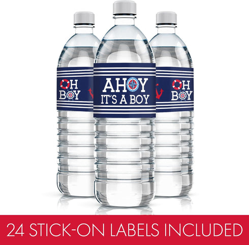 Ahoy Its a Boy Baby Shower Water Bottle Labels, Nautical Waterproof Stickers for Water Bottles - 24 Count, Party Favor Decorations...