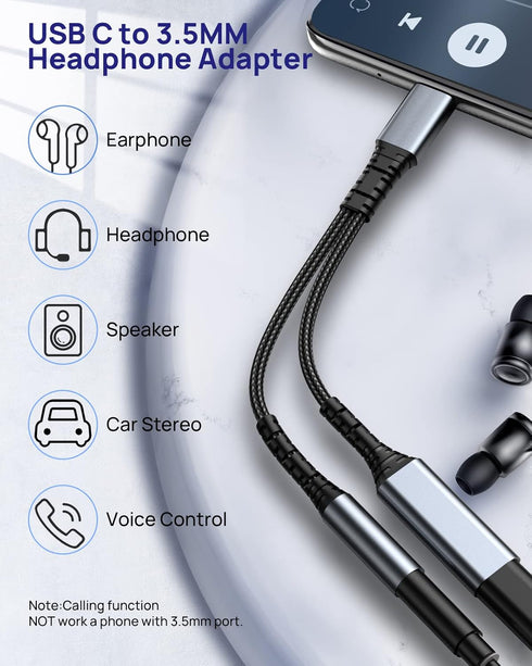 Adapter USB C to 3.5mm Audio - Charger 2 in 1 USB C to Aux and Charger Adapter - PD 60W Fast Charging Dongle Cable Cord, Compatible with Samsung G...