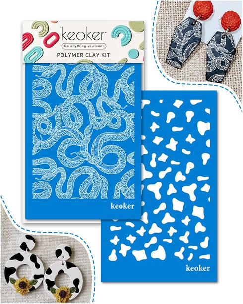 KEOKER Animal Print Silk Screen for Polymer Clay, Snake Pattern Silk Screen Polymer Clay, Cow Speckled Silk Screen Stencils for Polymer Clay...