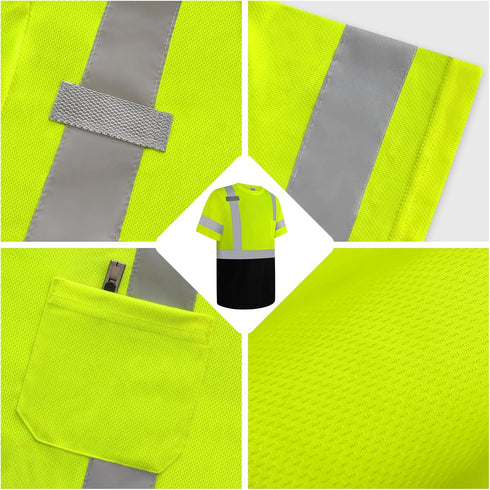 High Visibility Shirts for Men Class 3 Construction Shirts with Pocket, Hi Vis Reflective Safety Work Shirts for Men Women, Short Sleeve with Blac...