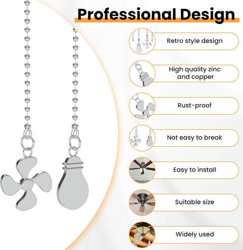 Ceiling Fan Pull Chain Extender, 2 Pcs 12 Inches Long Ceiling Fan Pull Chain Extension Pendant Ornament Set with Connector for Ceiling Fan and Lig...
