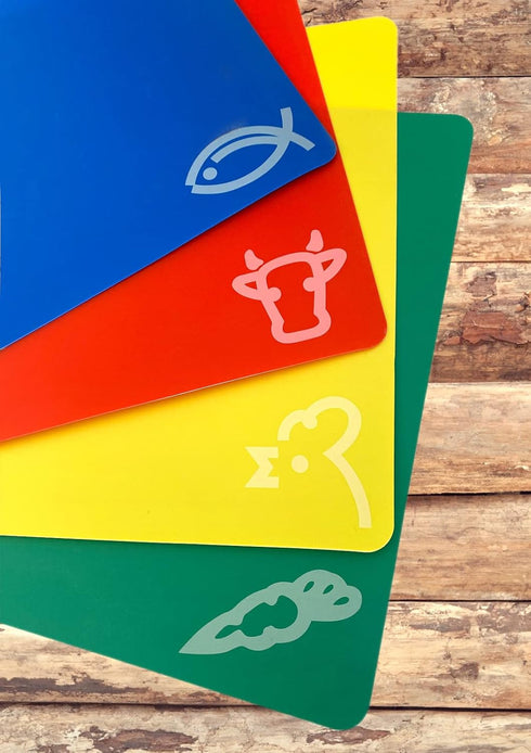 4pc Cutting Boards Flexible Plastic Color Coded Mats Food Icons Meat Vegetable Fish Chicken Chopping Small Busy Kitchen Countertops Catering Thank...