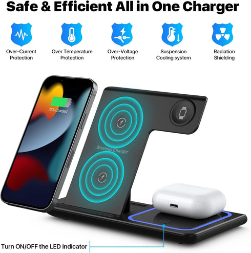 Wireless Charging Station, 3 in 1 Foldable Wireless Charger Stand, Wireless Charging Stand for iPhone 13/12/12 Pro/12 Pro Max/11/XS Max/XS/XR/X/8P...