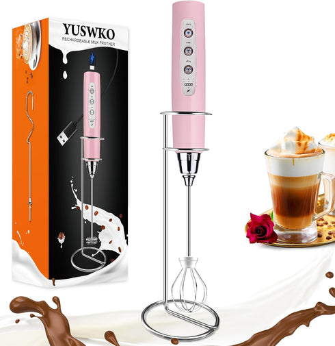 YUSWKO Pink Handheld Milk Frother Wand with Stand for Coffee, Rechargeable Electric Whisk with 3 Heads 3 Speeds Drink Mixer Coffee Frother For Lat...