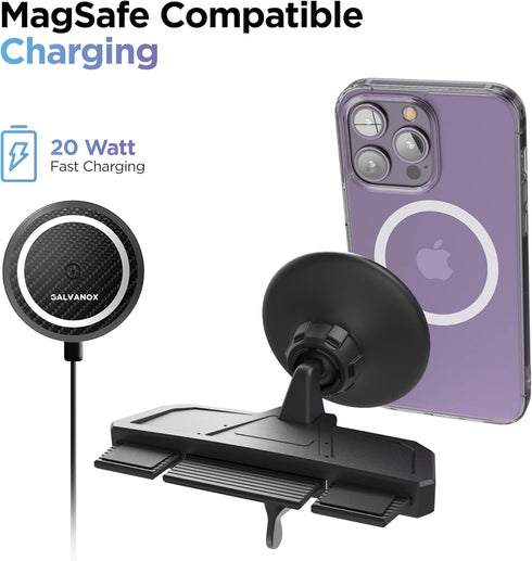Galvanox Wireless Charging Car CD Slot Phone Holder - Magnetic Mount Charger with Secure CD-Player Attachment - Compatible with MagSafe...