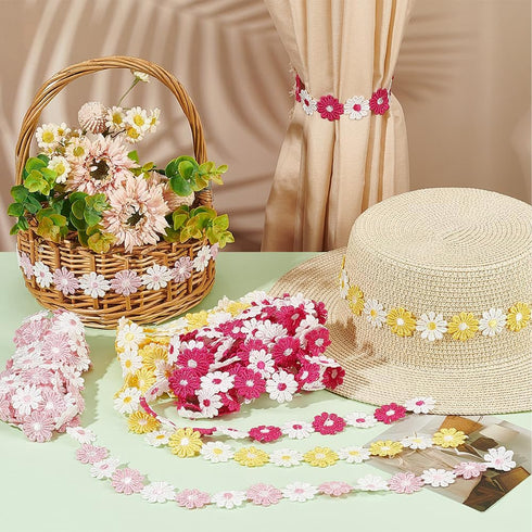 FINGERINSPIRE 15 Yards Daisy Flower Lace Trim Yellow/Deep Pink/Pink Daisy Ribbon Sun Flower Decorating Lace Trim Flower Embroidered Trim Ribbons D...