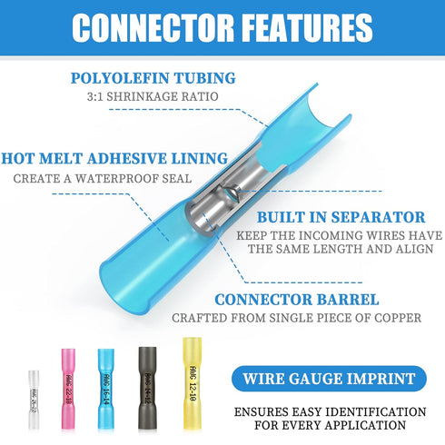 200PCS Heat Shrink Butt Connectors Blue 16-14 AWG, Marine Grade Tinned Red Copper Crimp Splice Terminals Insulated Waterproof Electrical Wire Conn...