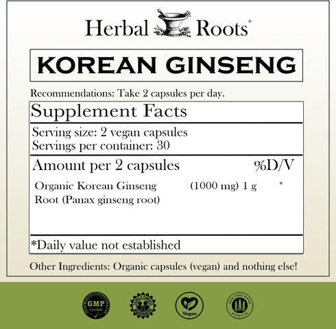 Herbal Roots Panax Ginseng | Organic Korean Ginseng Root Powder | 1000mg | High Ginsenosides for Energy & Performance | 60 Vegan Capsules...
