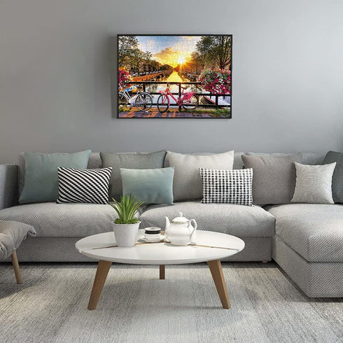 Puzzles for Adults Jigsaw 500 Piece Spring Flower Quiet River Sunrise Picturesque Amsterdam with Bicycles Landscape 500 Piece Puzzle Art for Famil...