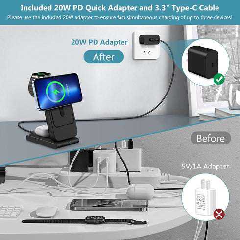 DDUAN 3 in 1 Wireless Charging Station, Foldable Fast Charger Stand with 5000mAh Mag-Safe Portable Battery Bank for iPhone 15/14/13/12, for All Ap...