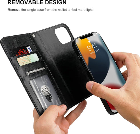 Bocasal Detachable Wallet Case for iPhone 13 RFID Blocking Card Slots Holder Premium PU Leather Magnetic Kickstand Shockproof Wrist Strap Removabl...