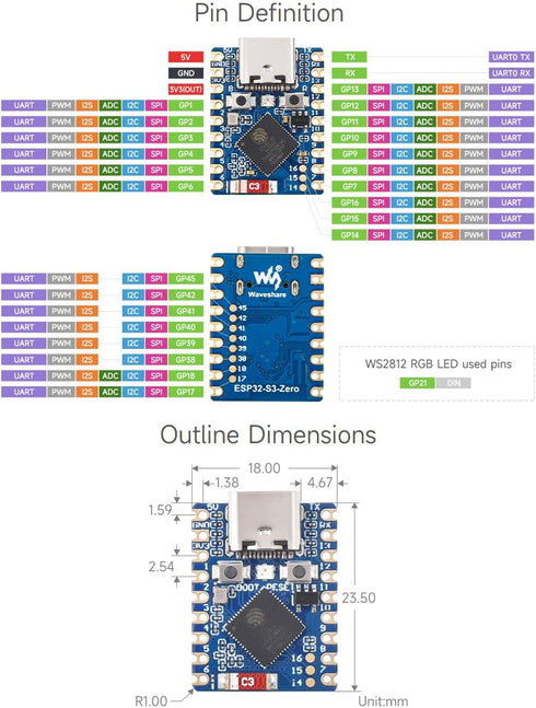 Waveshare ESP32-S3 Mini Development Board, Based On ESP32-S3FH4R2 Dual-Core Processor, 240MHz Running Frequency, 2.4GHz Wi-Fi & Bluetooth 5...