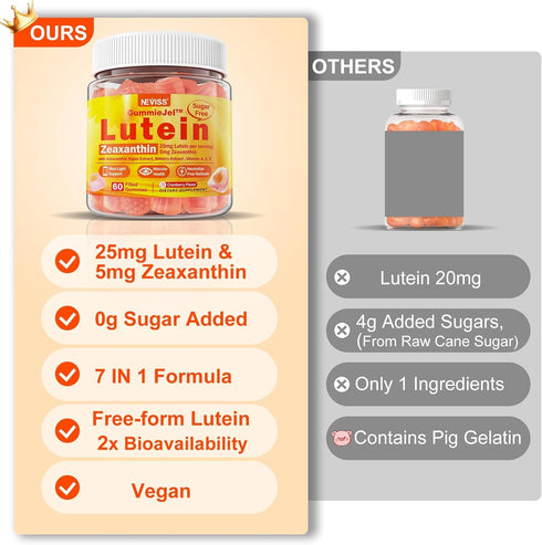 Sugar-Free Lutein Zeaxanthin Supplements Gummies (25mg) Vitamins A, C, E, Bilberry, Astaxanthin - with Coconut Oil for Better Absorption - for Adu...