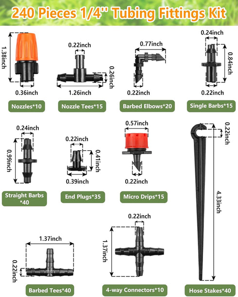 Drip Irrigation Fittings Kit for 1/4" Tubing, 240 Pcs Drip Line Connectors for Drip Systems - Nozzles, Micro Drips, Single barbs, 4 Way Connectors...