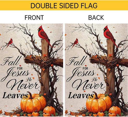 Fall For Jesus He Never Leaves Garden Flag 12x18 Inch Double Sided Outside, Autumn Thanksgiving Cardinal Pumpkin Cross Yard Outdoor Flag...