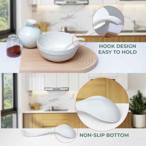 Asian Ceramic Soup Spoon with Long Handle Easy to Hold, Non-slip Bottom, for Soups, Japanese Ramen, Miso, Chinese and Vietnamese Wonton, Dumplings...
