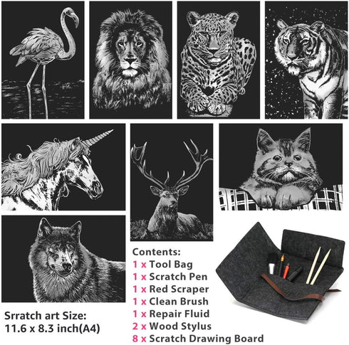 Scratch Art Paper(A4) for Kids & Adults, Rainbow Painting Night View Scratchboard, Art Craft, Crafts Set: 8 Sheets Scratch - Unicorn/Flamingo/Cat/...