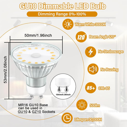 GU10 LED Bulb Dimmable,50W Halogen Equivalent,5W 3000K Warm White MR16 GU10 Bulb Replacement for Recessed Track Lighting,120°Flood Beam for Kitche...