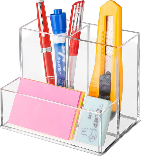 Pen Holder for Desk, Clear Acrylic Pencil Holder for Desk, Marker Holder with 3 Compartments, Pencil Organizer for Home, Office, Classroom, Bathro...