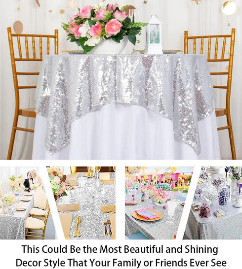 ShinyBeauty Sequin Tablecloth 36x36-Inch-Silver Square Glitter Table Cover Silver Table Cloths for Parties-190626J...