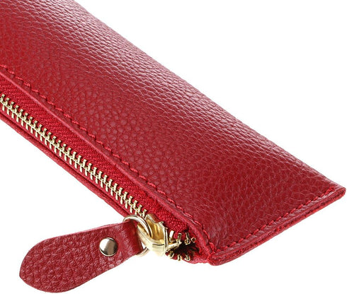 BTSKY Genuine Leather Pencil Case - Zippered Pen Case Stationery Bag Zipper Pouch Pencil Holder (Red)...