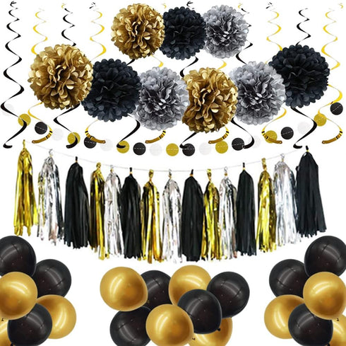 Black and Gold Party Decorations - DIY Tissue Paper Pom Poms Flowers, Tassel, Balloons, Hanging Swirl, Paper Circle Garland for Graduation and Ret...