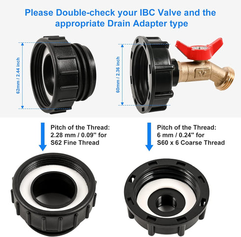 IBC Tote Adapter Fittings, 275-330 Gallon IBC Tote Water Tank Adapter, 2.44" Fine Thread IBC Tote Valve Faucet, Brass Garden Hose Connector, IBC T...