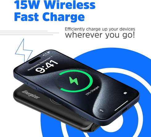 Energizer 10000mAh Wireless Portable Charger 15W Quick Charge Power Bank Power Delivery Compatible with iPhone, Samsung Galaxy, Google and etc_QE1...