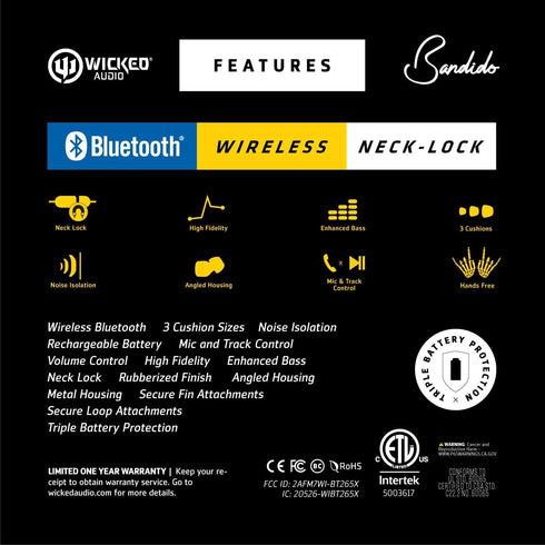 Wicked Audio Bandido Wireless — Bluetooth Earbuds with Microphone and Track Control — Wireless Headset with Metal Housing, Loop and Fin Attachment...