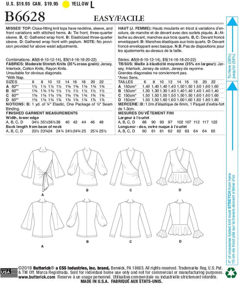 Butterick B6628A5 Easy Women's Wrap Front Blouse Sewing Patterns, Sizes 6-14...