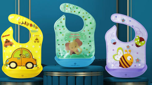 Amplim Baby Feeding Bib (3-Pack) Toddler/Baby Bibs for Eating. Waterproof, Adjustable, Lightweight. Eco-friendly PEVA material. BPA, Lead, Phthala...